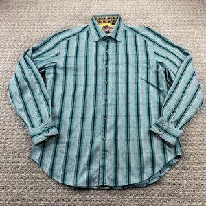 Robert Graham Shirt Men XL Green Teal Striped Button Up Formal Polo Long Sleeve